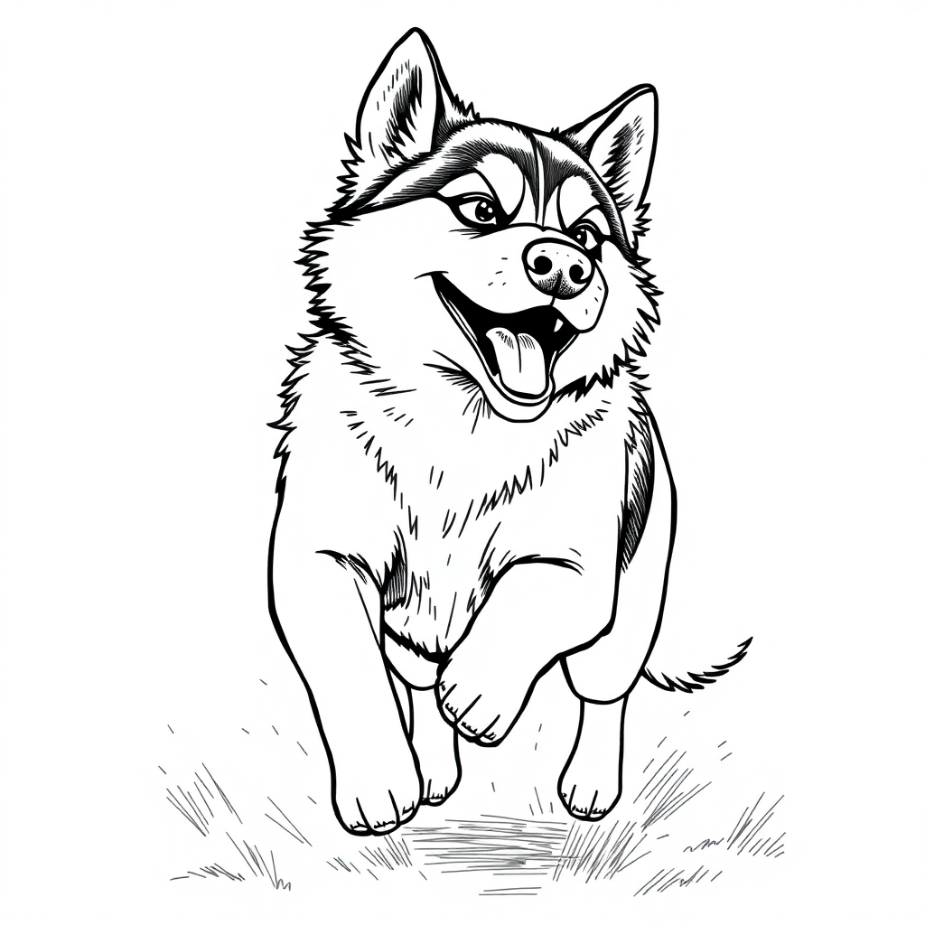 Siberian Husky dog — playing and running, energetic and joyful coloring page Rockwell style free printable