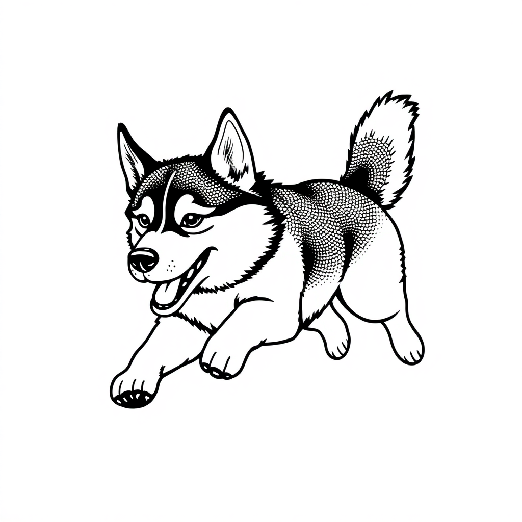 Siberian Husky dog — playing and running, energetic and joyful coloring page Stipple style - free printable