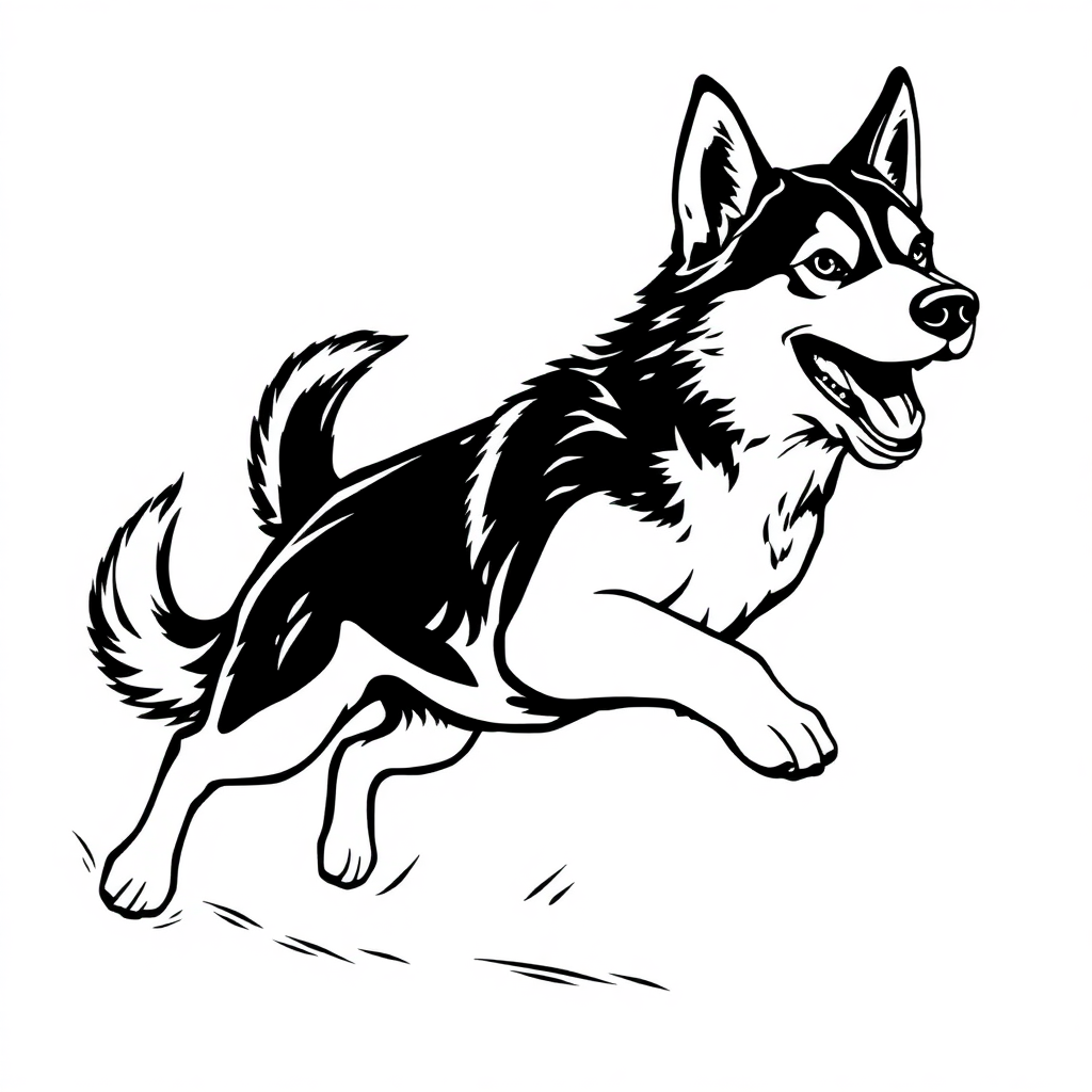 Siberian Husky dog — playing and running, energetic and joyful coloring page Woodcut style - free printable