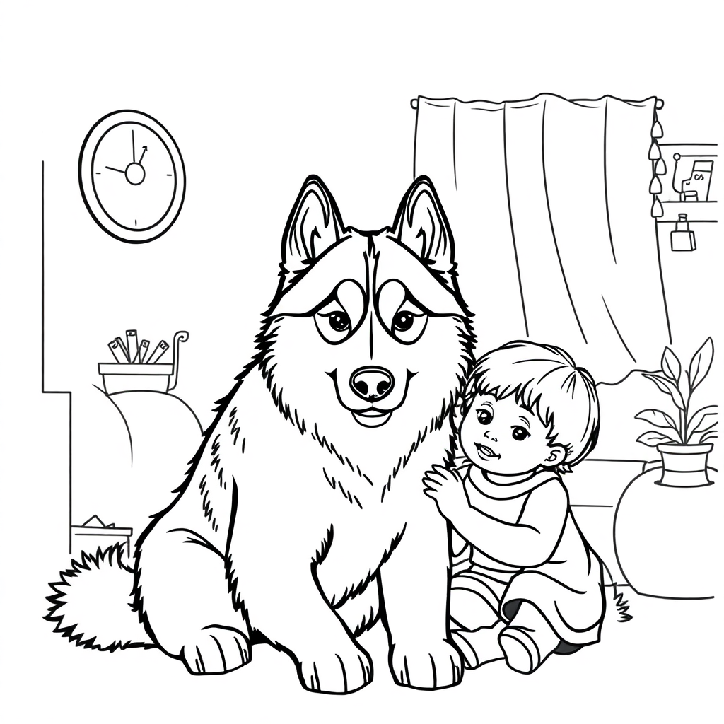 Siberian Husky dog — with a young child in a cozy home setting coloring page Contour style - free printable