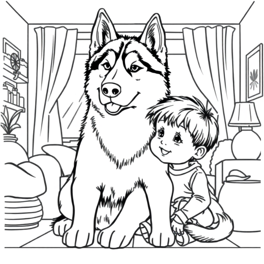 Siberian Husky dog — with a young child in a cozy home setting coloring page Manga style - free printable