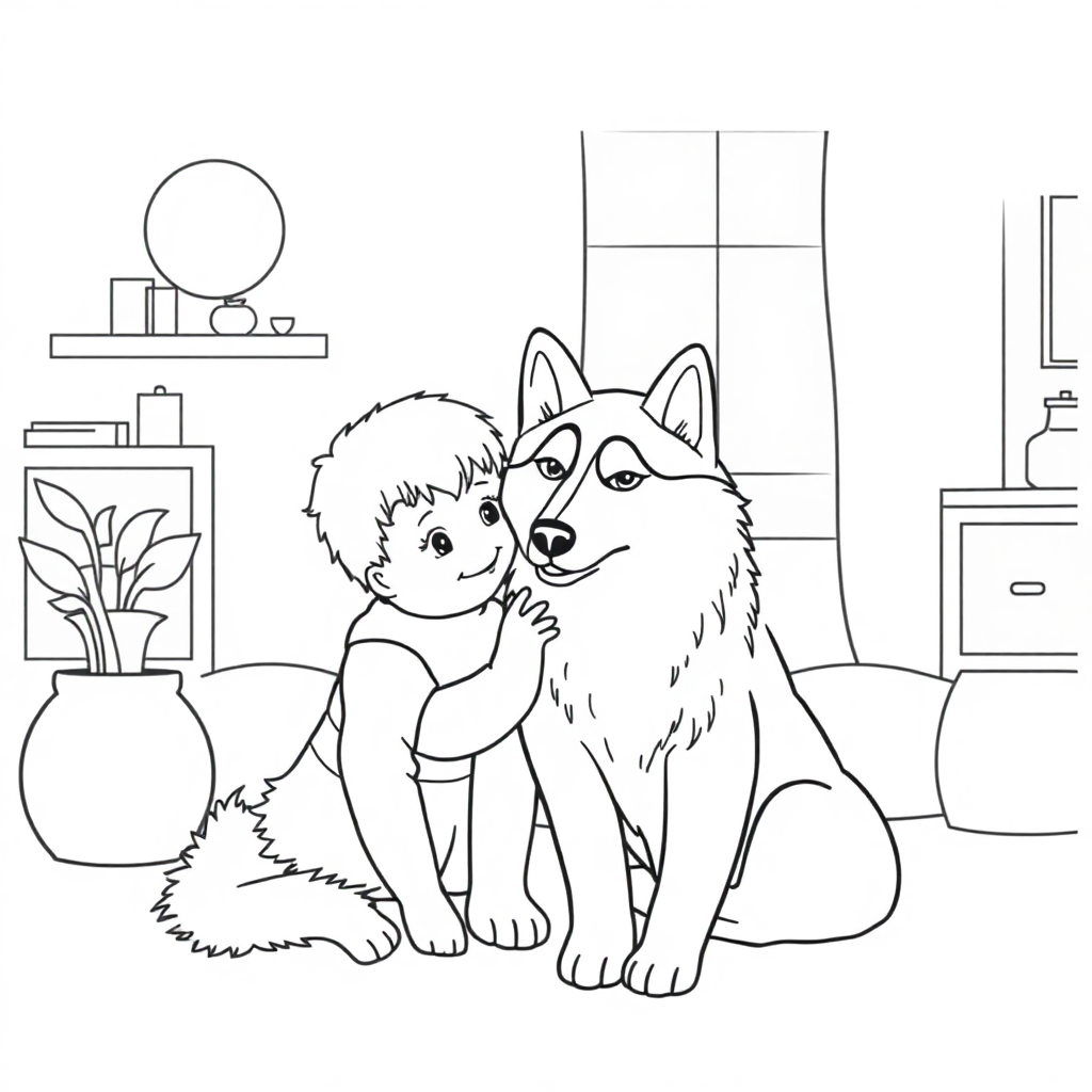 Siberian Husky dog — with a young child in a cozy home setting coloring page Minimal style - free printable