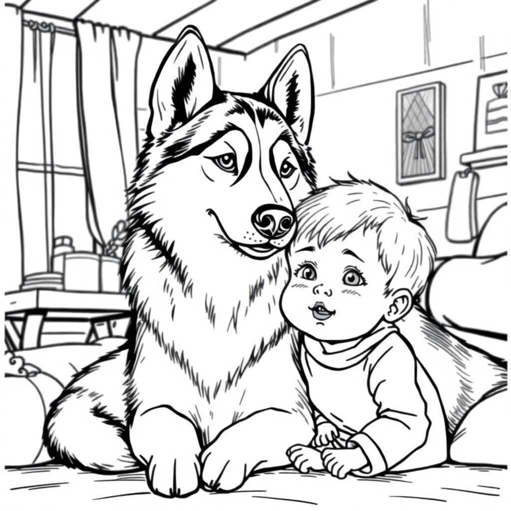 Siberian Husky dog — with a young child in a cozy home setting coloring page Rockwell style free printable