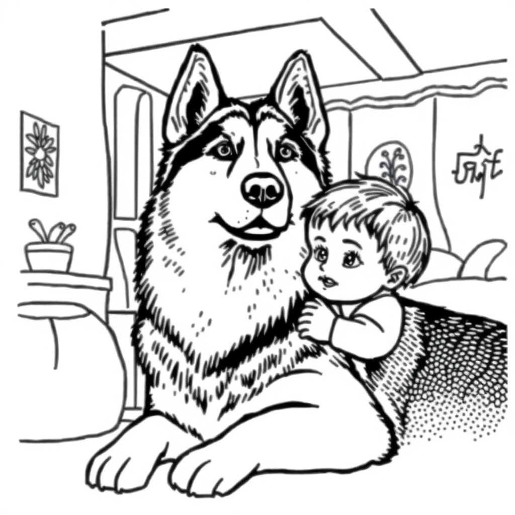 Siberian Husky dog — with a young child in a cozy home setting coloring page Stipple style - free printable