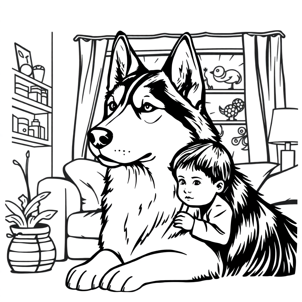 Siberian Husky dog — with a young child in a cozy home setting coloring page Woodcut style - free printable