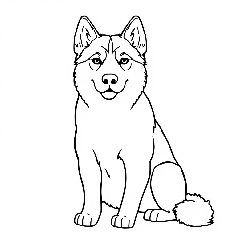 Siberian Husky dog — sitting portrait, looking at viewer, friendly expression coloring page Contour style free printable