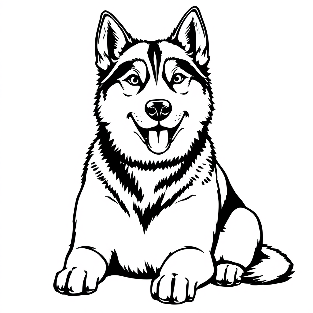 Siberian Husky dog — sitting portrait, looking at viewer, friendly expression coloring page Manga style free printable