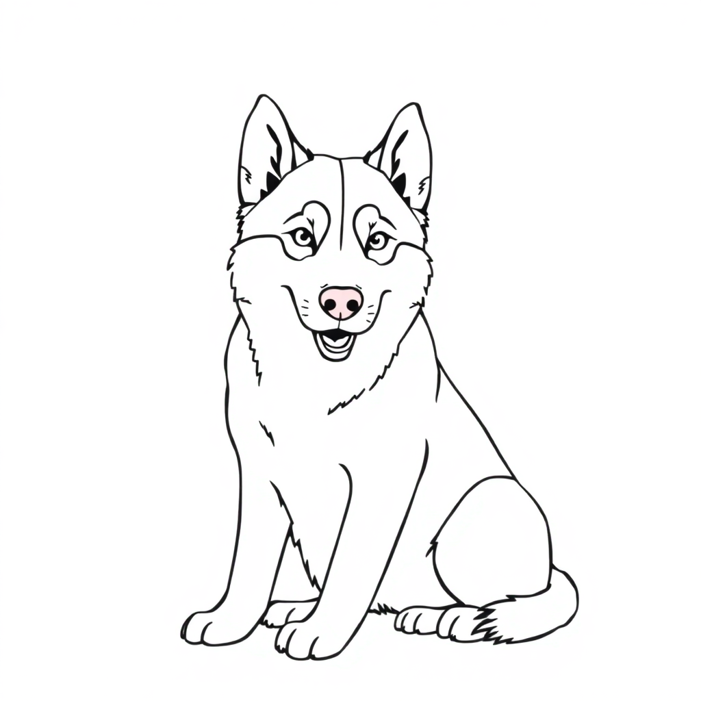 Siberian Husky dog — sitting portrait, looking at viewer, friendly expression coloring page Minimal style free printable
