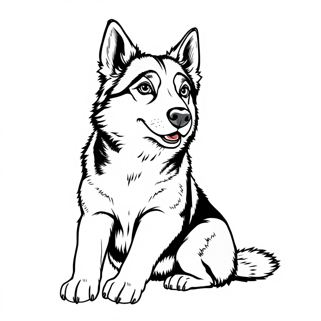 Siberian Husky dog — sitting portrait, looking at viewer, friendly expression coloring page Rockwell style free printable