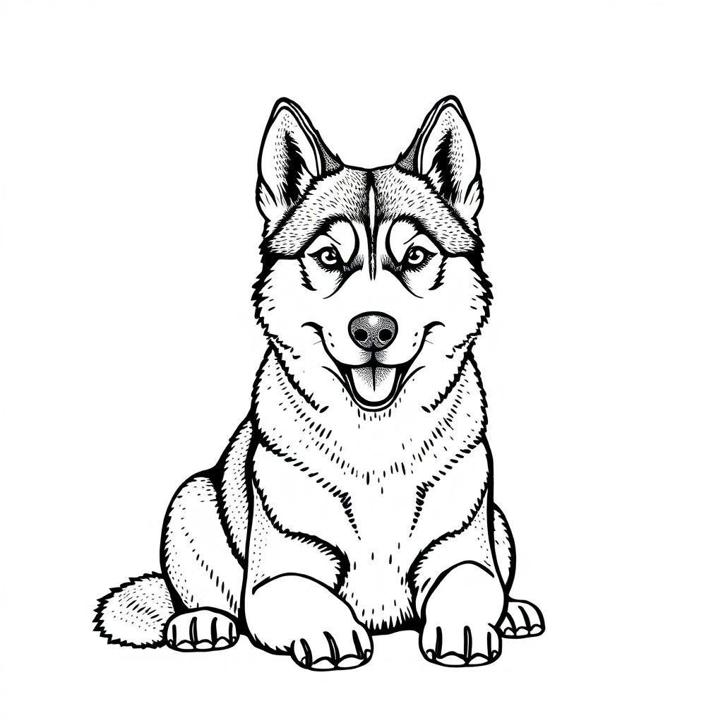 Siberian Husky dog — sitting portrait, looking at viewer, friendly expression coloring page Stipple style free printable