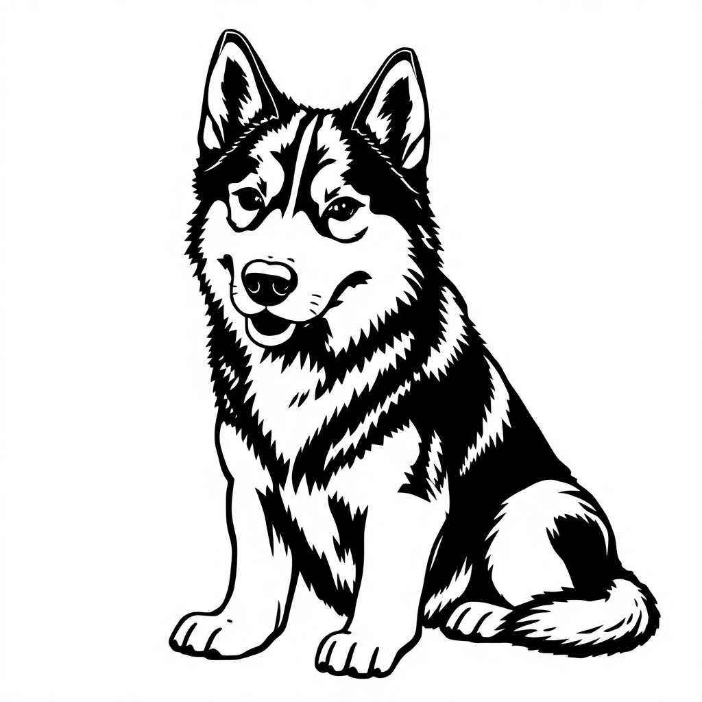 Siberian Husky dog — sitting portrait, looking at viewer, friendly expression coloring page Woodcut style free printable
