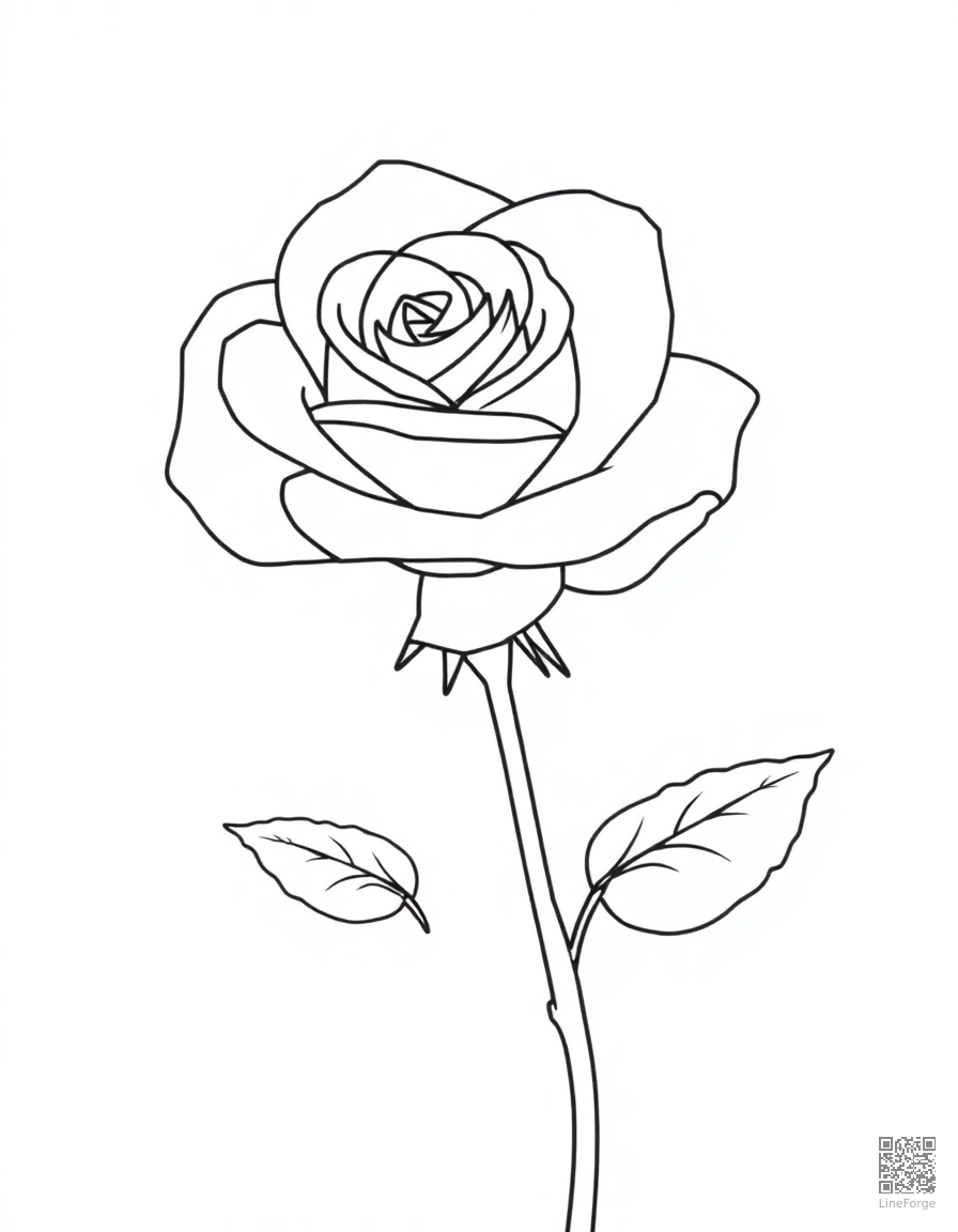 Free single red rose with dewdrops coloring page in contour style — printable line art