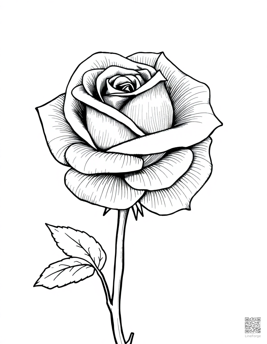 single red rose with dewdrops coloring page Crosshatch style - free printable