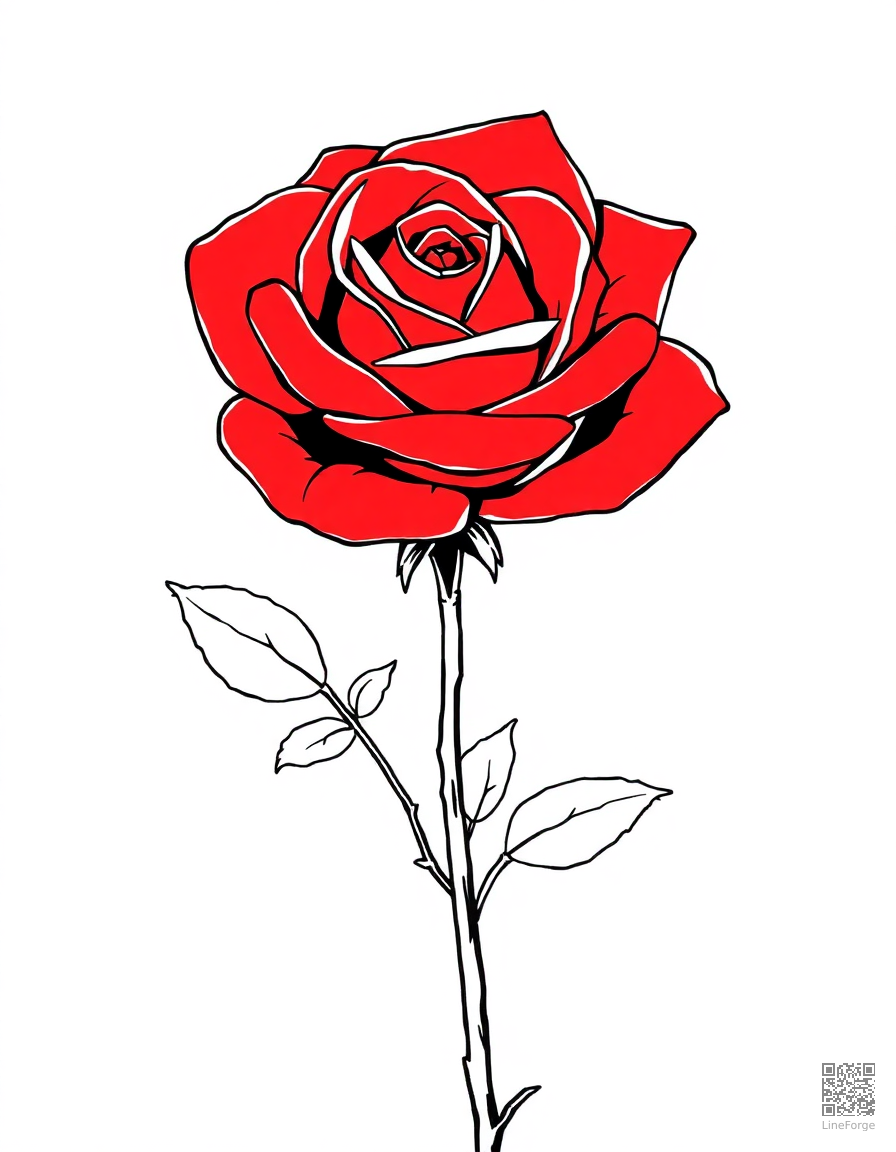 Free single red rose with dewdrops coloring page in manga style — printable line art