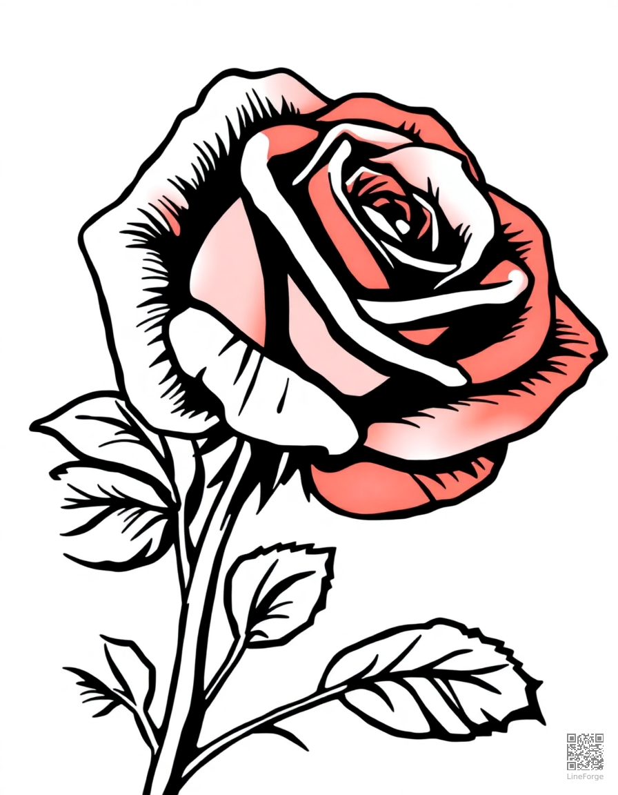 single red rose with dewdrops coloring page Woodcut style - free printable