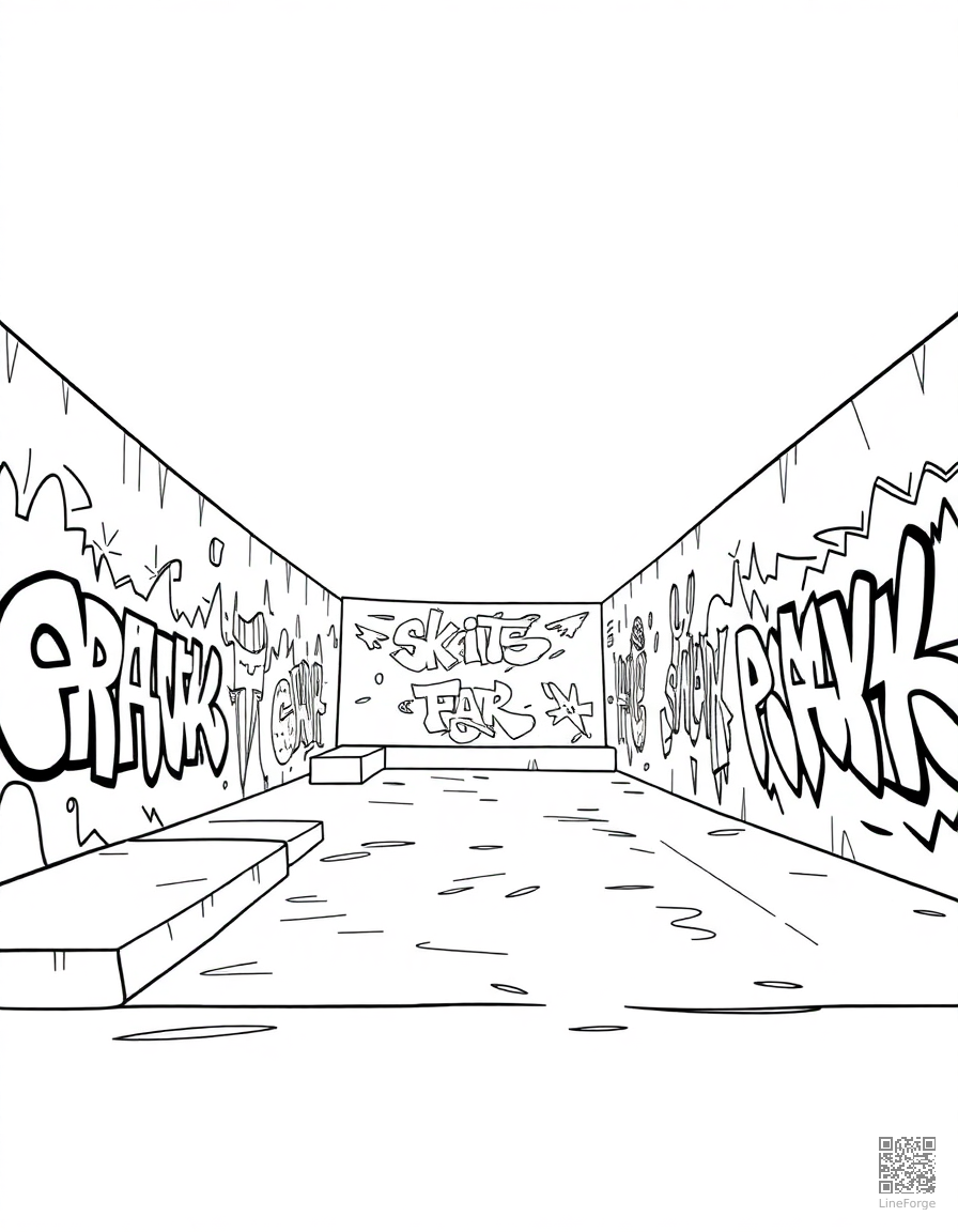 skateboard park with graffiti art walls coloring page Contour style - free printable