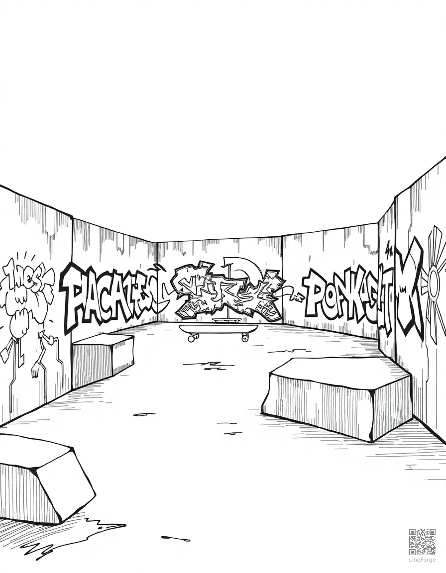 skateboard park with graffiti art walls coloring page Crosshatch style - free printable