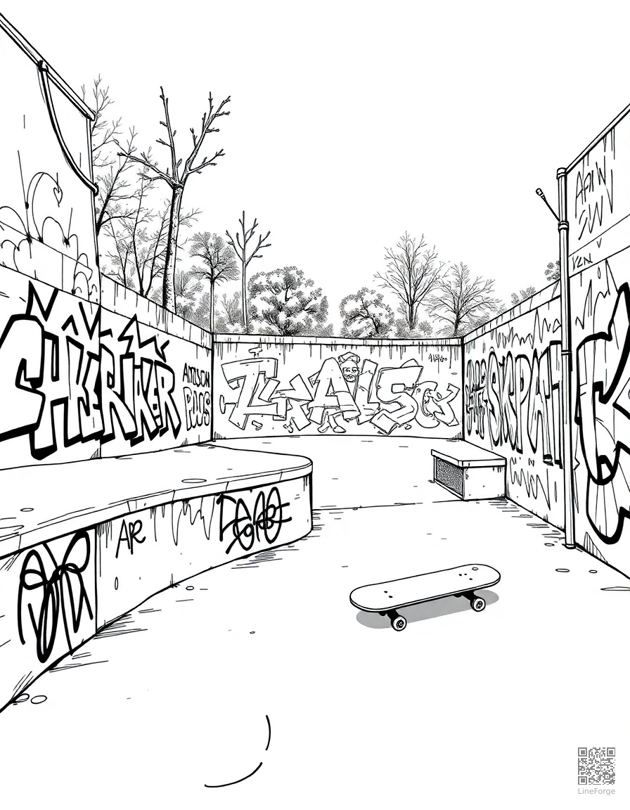 skateboard park with graffiti art walls coloring page Manga style - free printable
