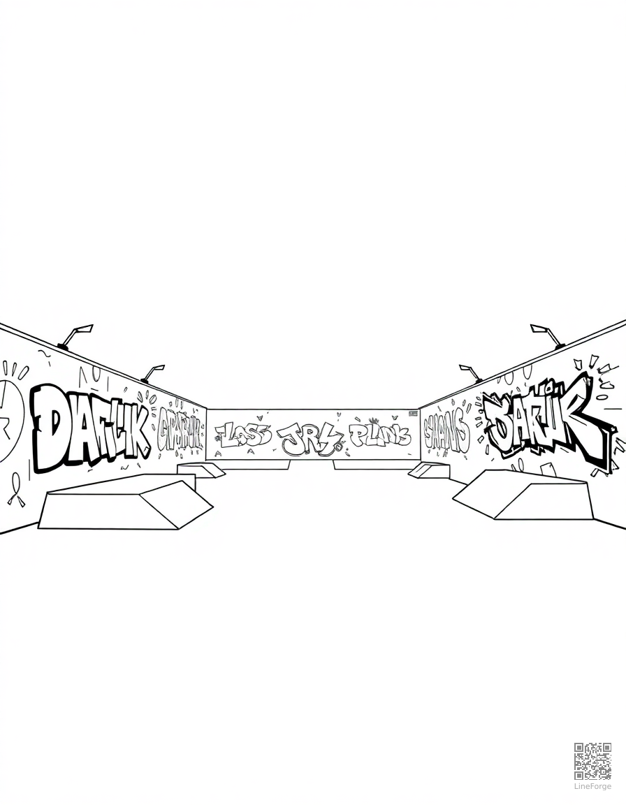 skateboard park with graffiti art walls coloring page Minimal style - free printable