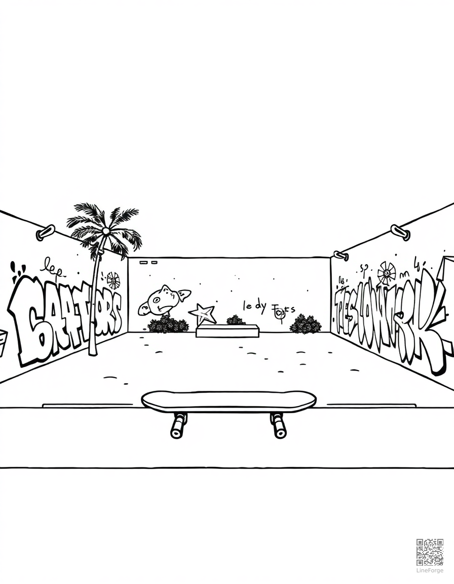 skateboard park with graffiti art walls coloring page Stipple style - free printable