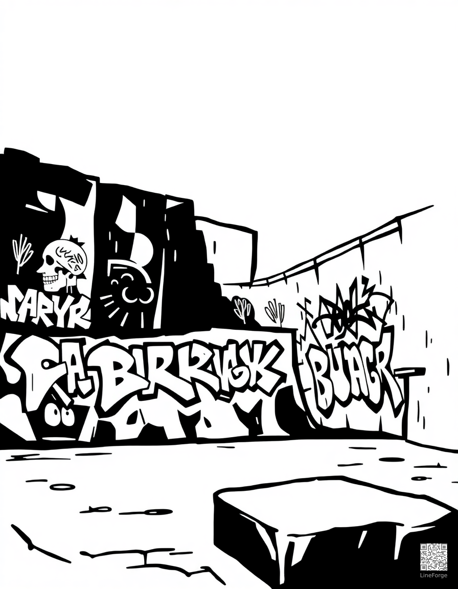skateboard park with graffiti art walls coloring page Woodcut style - free printable