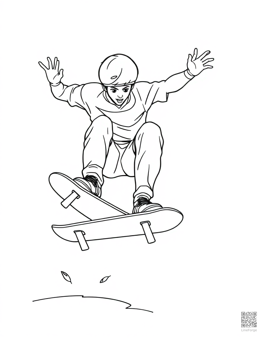 skateboarder doing a kickflip coloring page Contour style - free printable