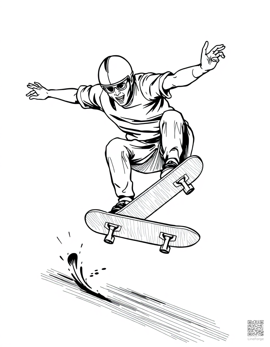 skateboarder doing a kickflip coloring page Crosshatch style - free printable