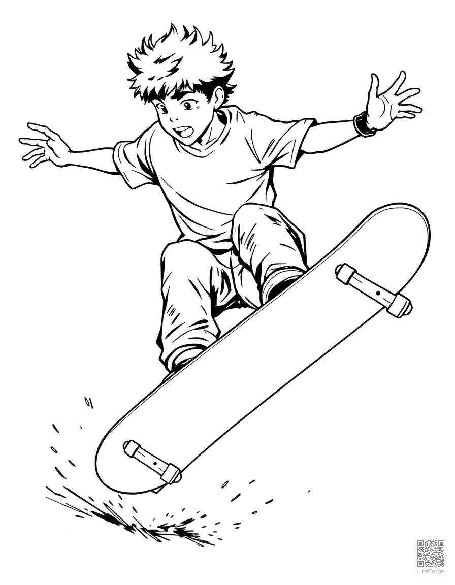 skateboarder doing a kickflip coloring page Manga style - free printable