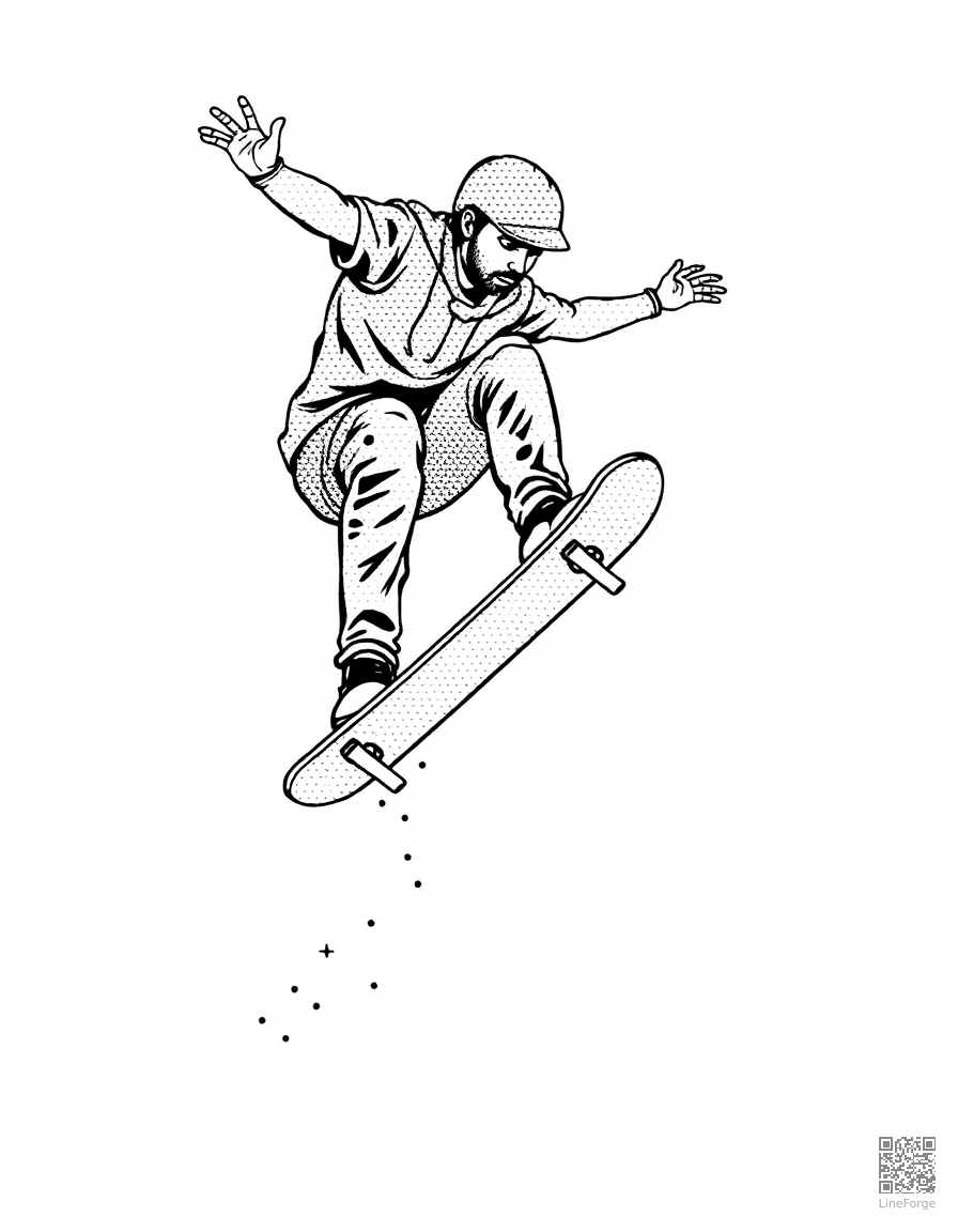 skateboarder doing a kickflip coloring page Stipple style - free printable