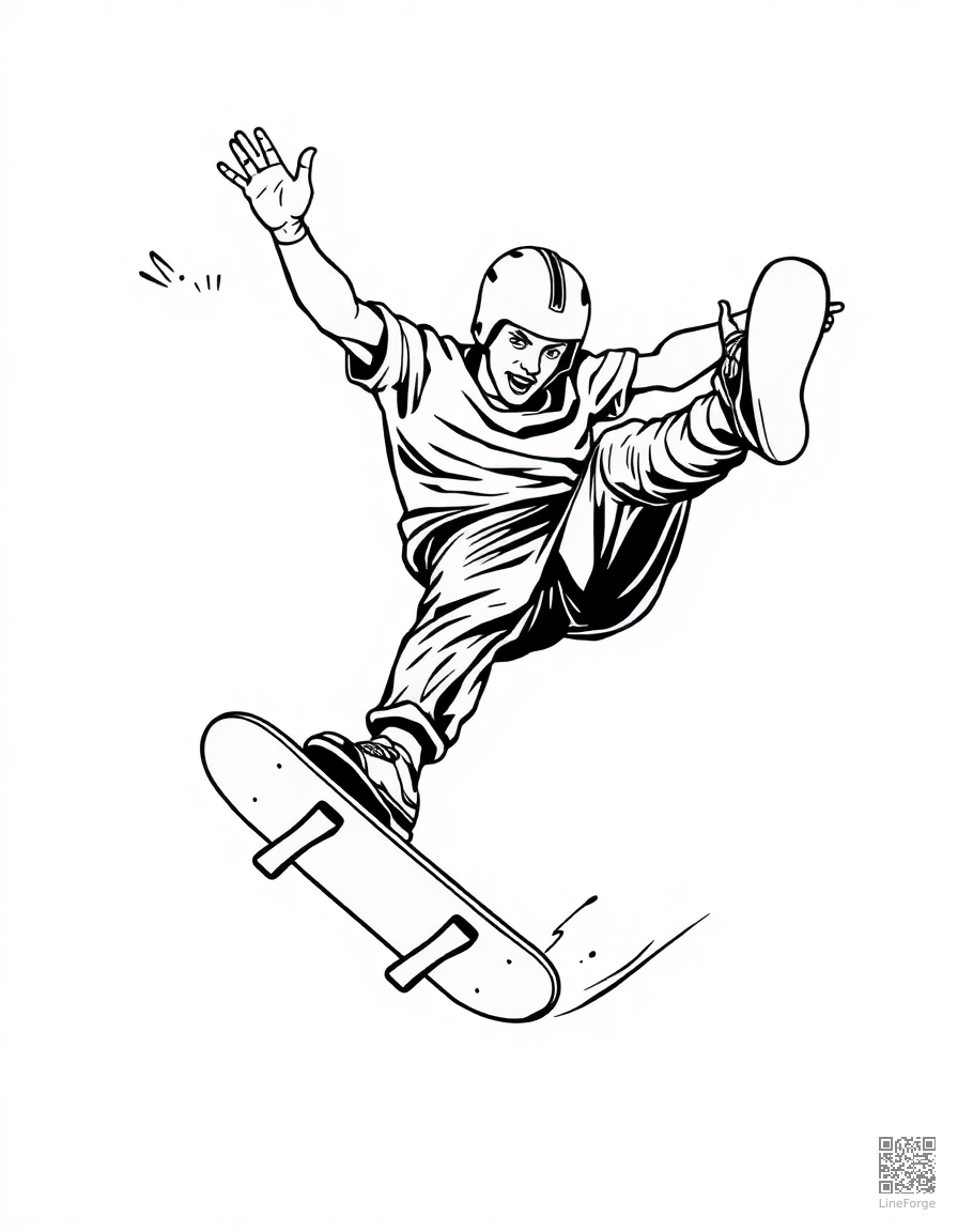 skateboarder doing a kickflip coloring page Woodcut style - free printable