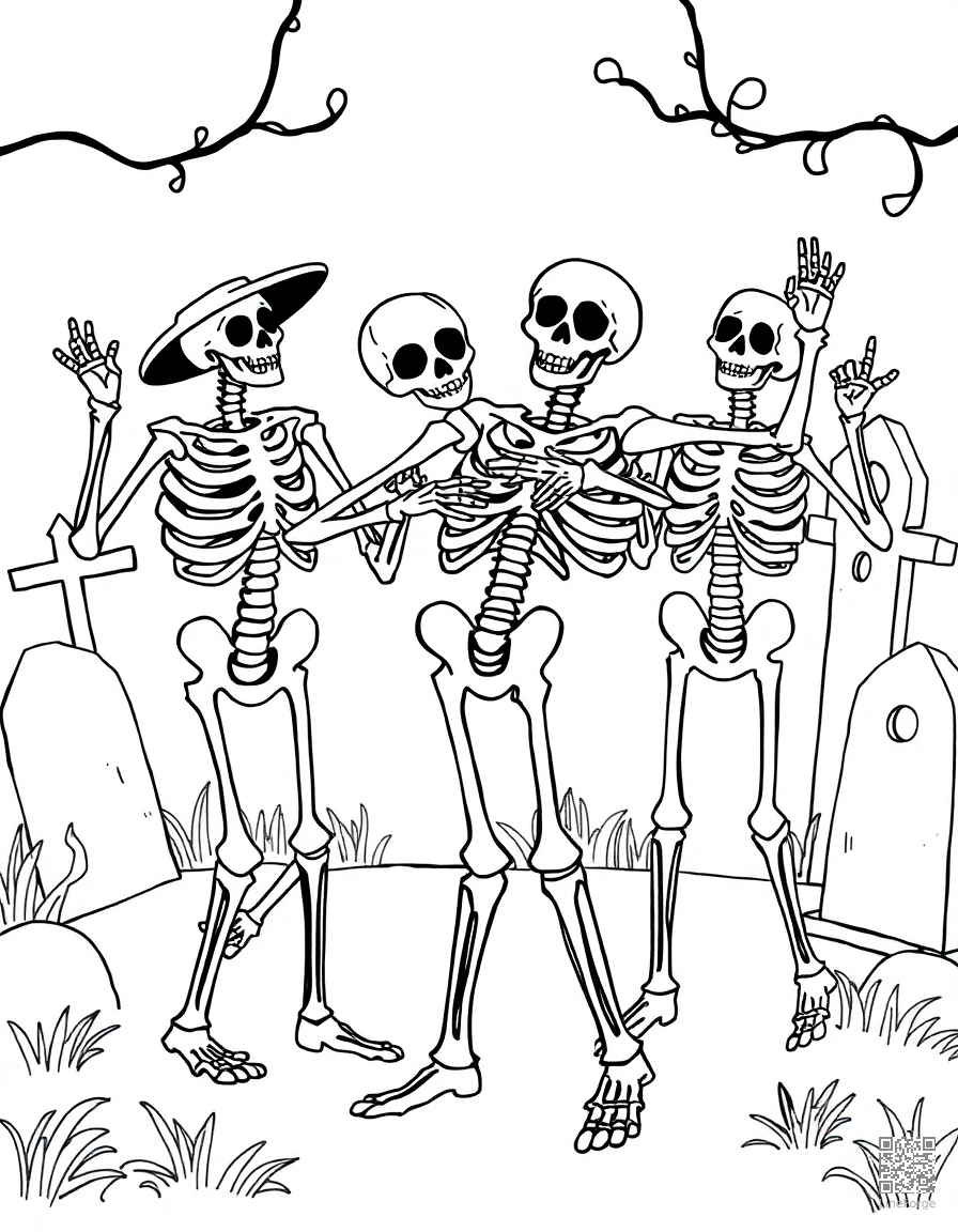 skeleton dancing at a graveyard party coloring page Contour style - free printable
