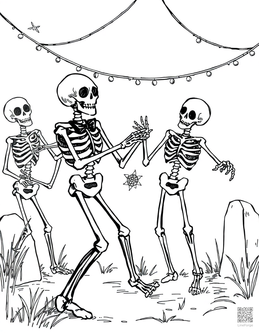skeleton dancing at a graveyard party coloring page Crosshatch style - free printable