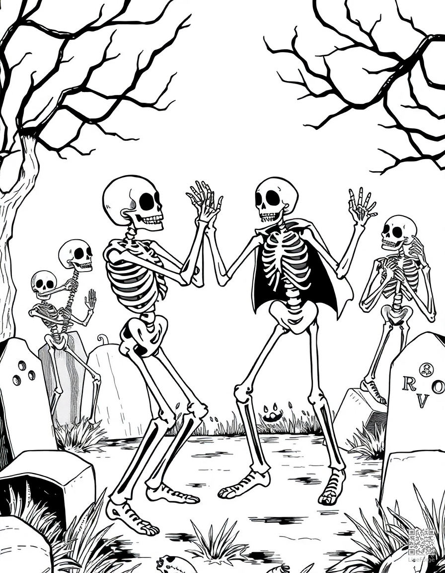 skeleton dancing at a graveyard party coloring page Manga style - free printable