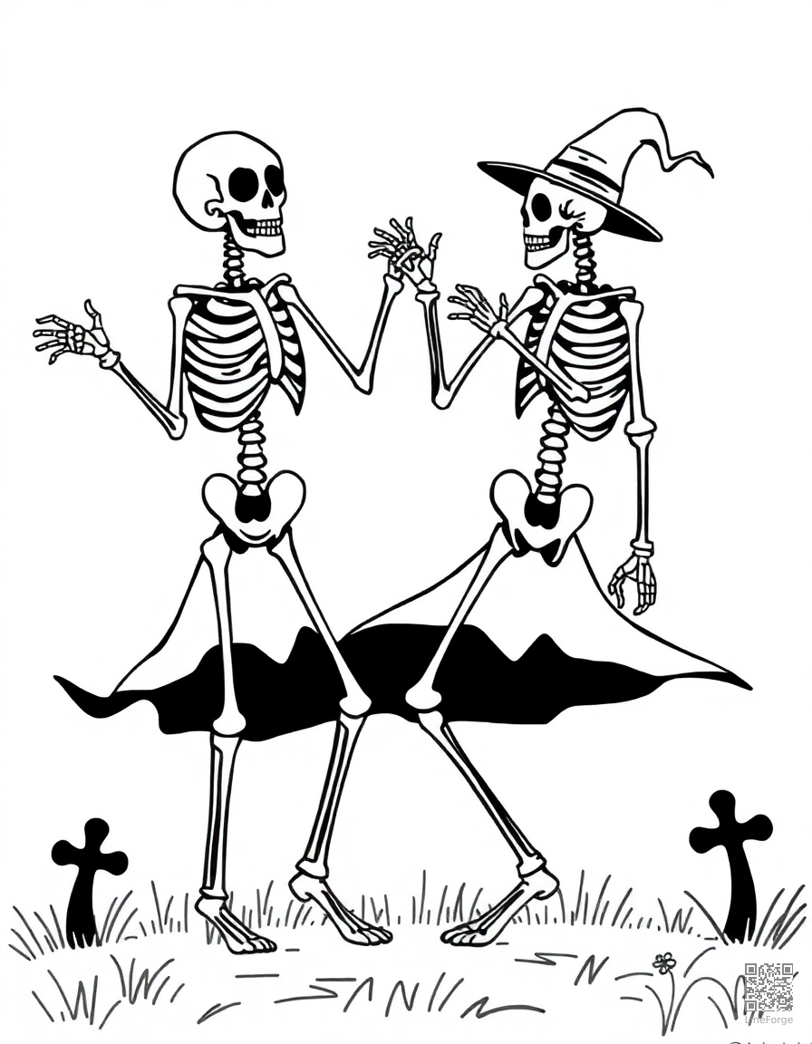 skeleton dancing at a graveyard party coloring page Minimal style - free printable