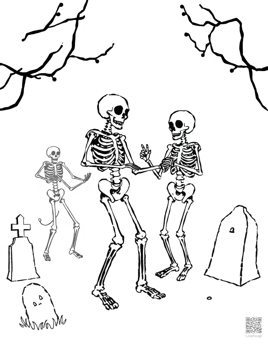 skeleton dancing at a graveyard party coloring page Stipple style - free printable