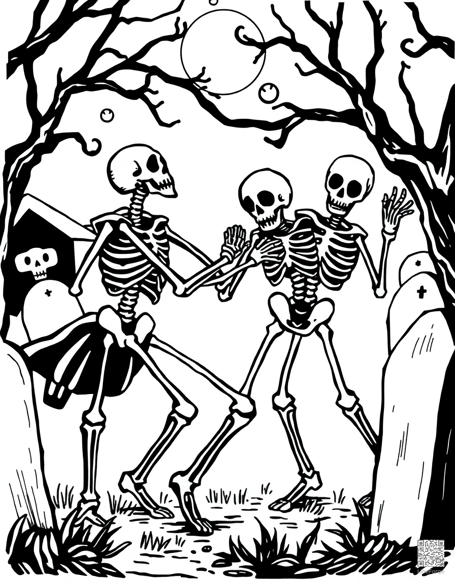 skeleton dancing at a graveyard party coloring page Woodcut style - free printable