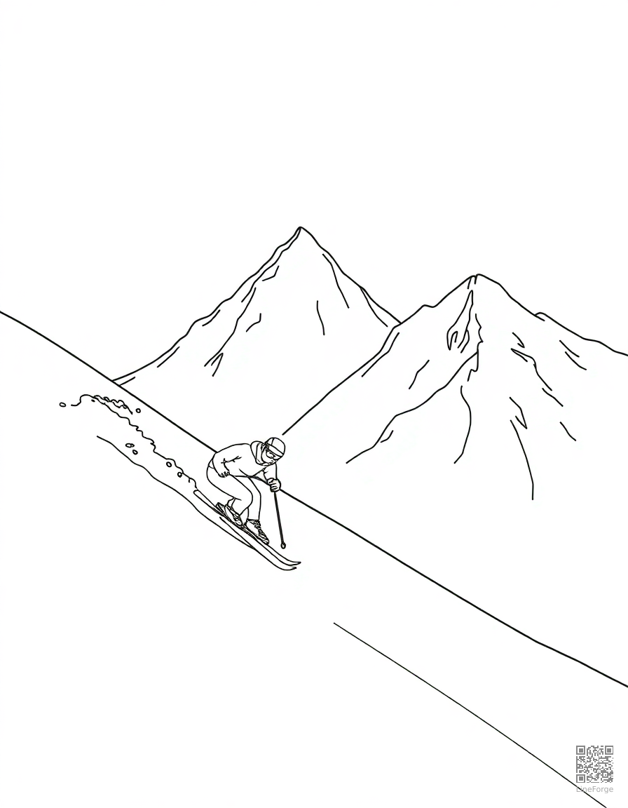 skiing down a mountain slope coloring page Contour style - free printable