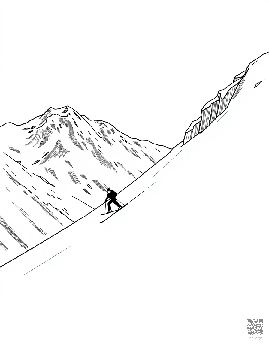 skiing down a mountain slope coloring page Crosshatch style - free printable