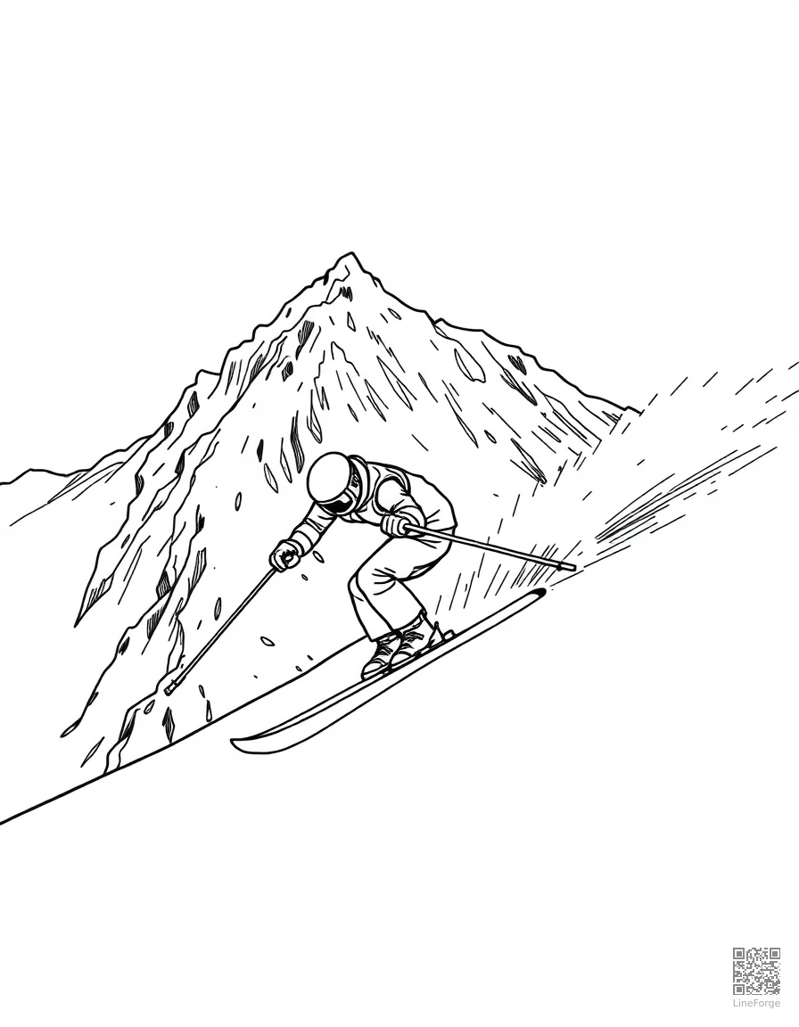 skiing down a mountain slope coloring page Manga style - free printable