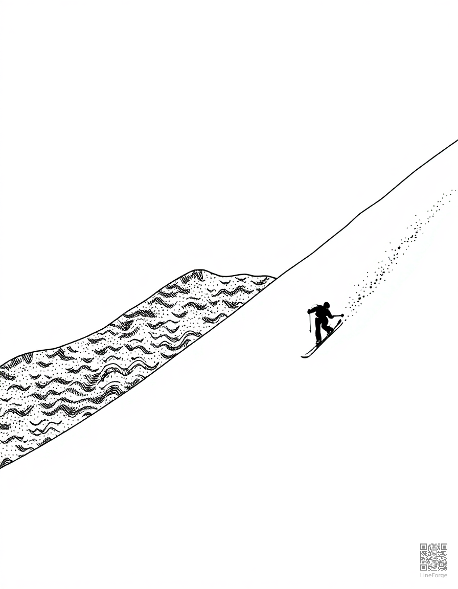 skiing down a mountain slope coloring page Stipple style - free printable