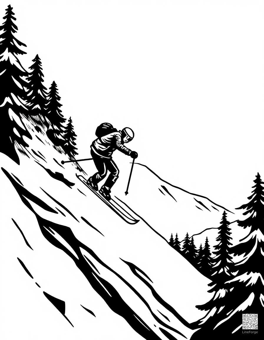 skiing down a mountain slope coloring page Woodcut style - free printable