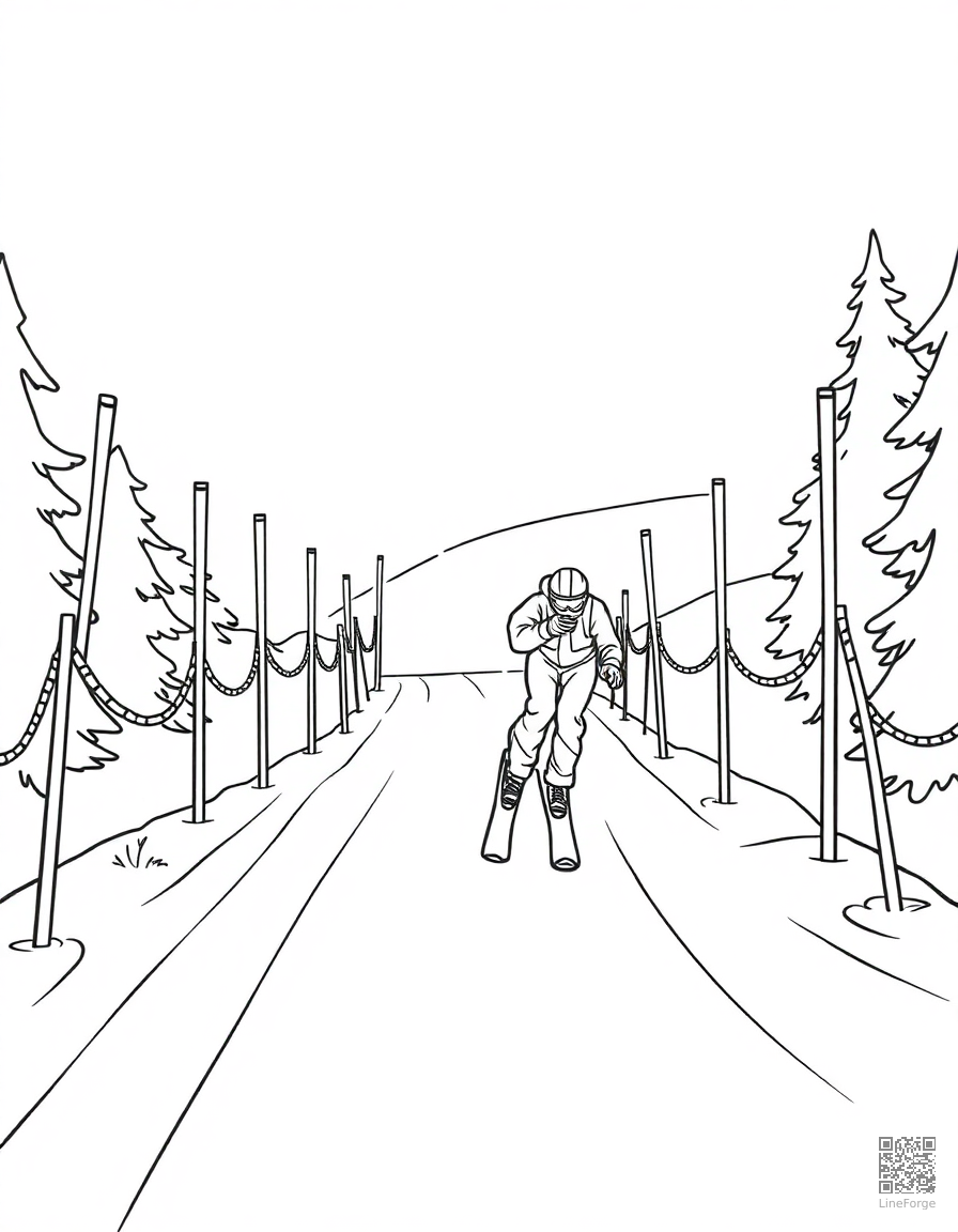 skiing downhill through gates coloring page Contour style - free printable