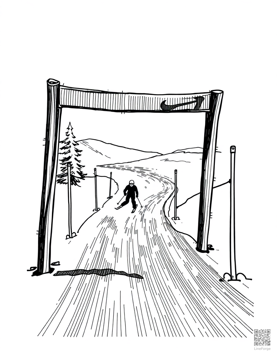 skiing downhill through gates coloring page Crosshatch style - free printable