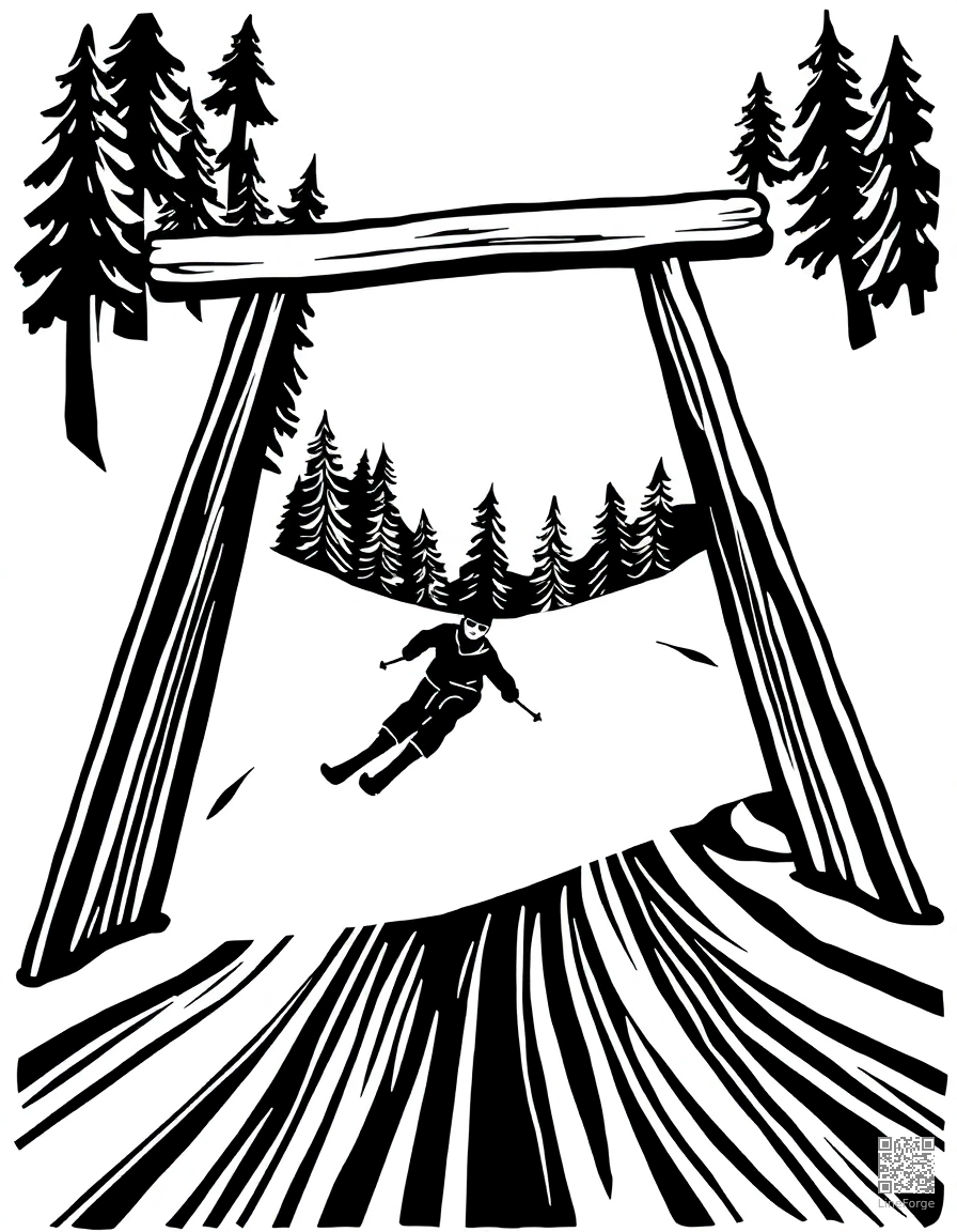 skiing downhill through gates coloring page Woodcut style - free printable