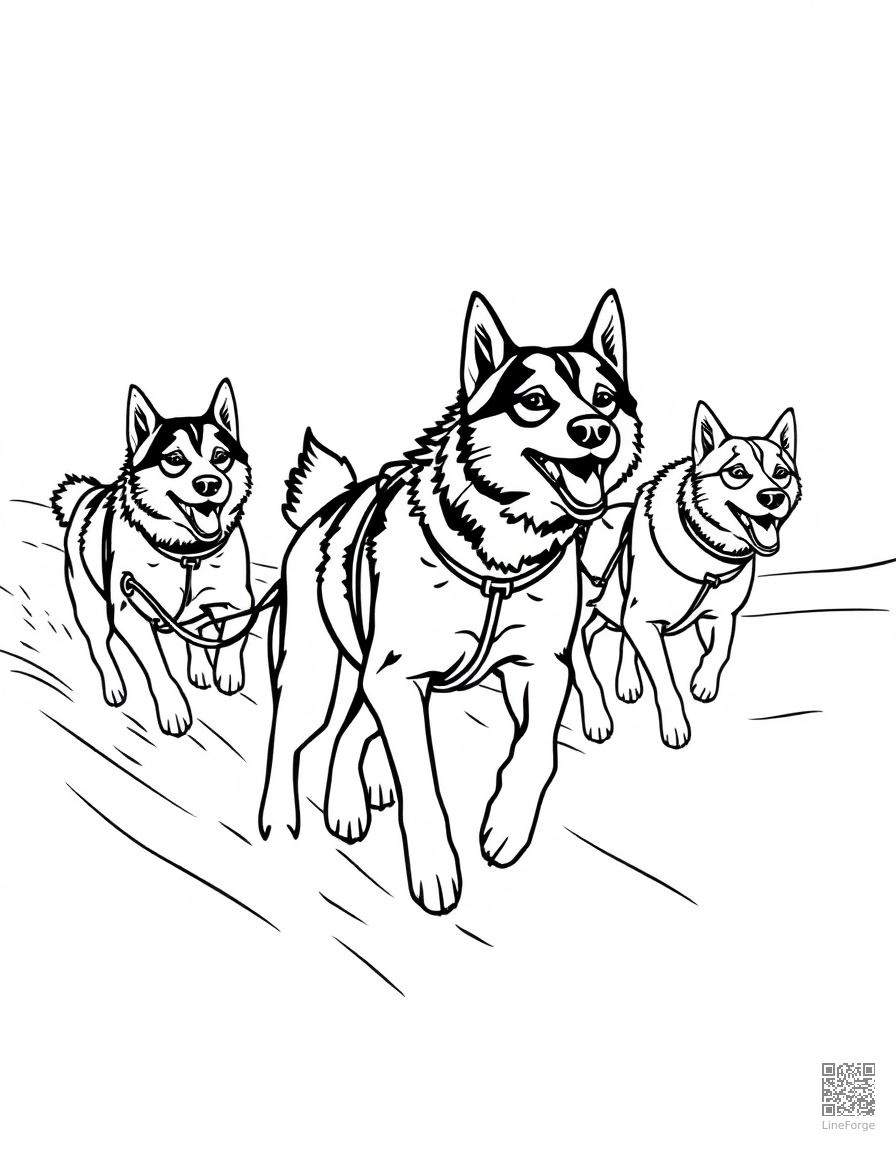 sled dog team running through snow coloring page Contour style - free printable