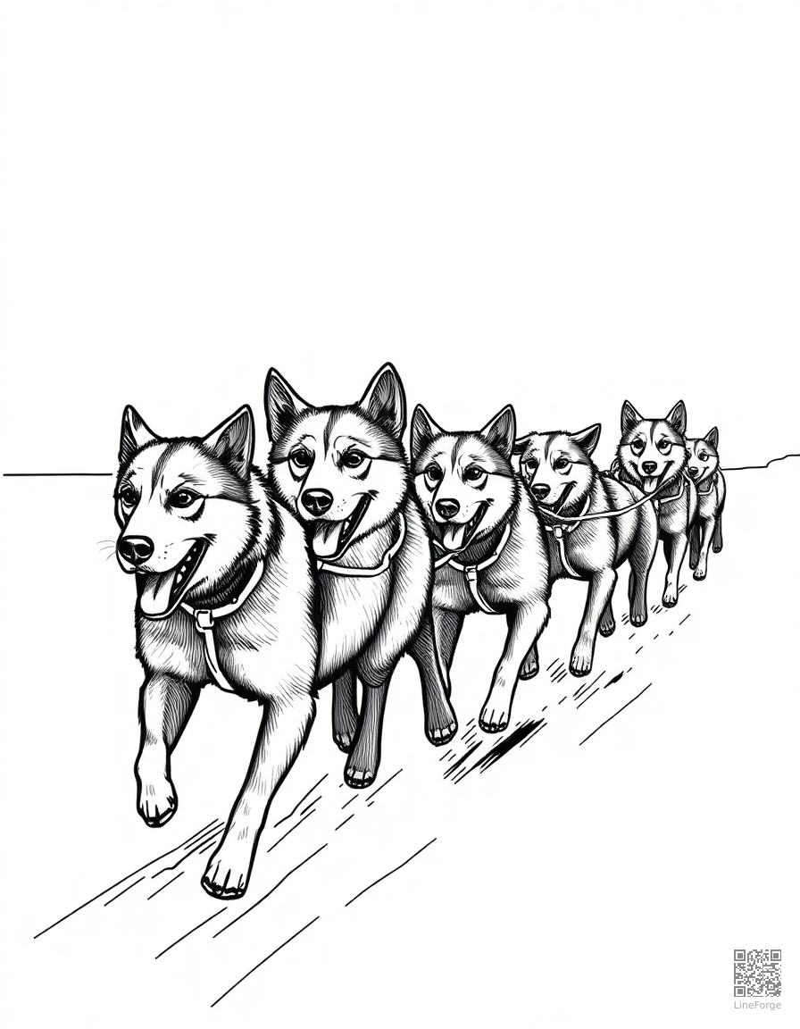 sled dog team running through snow coloring page Crosshatch style - free printable