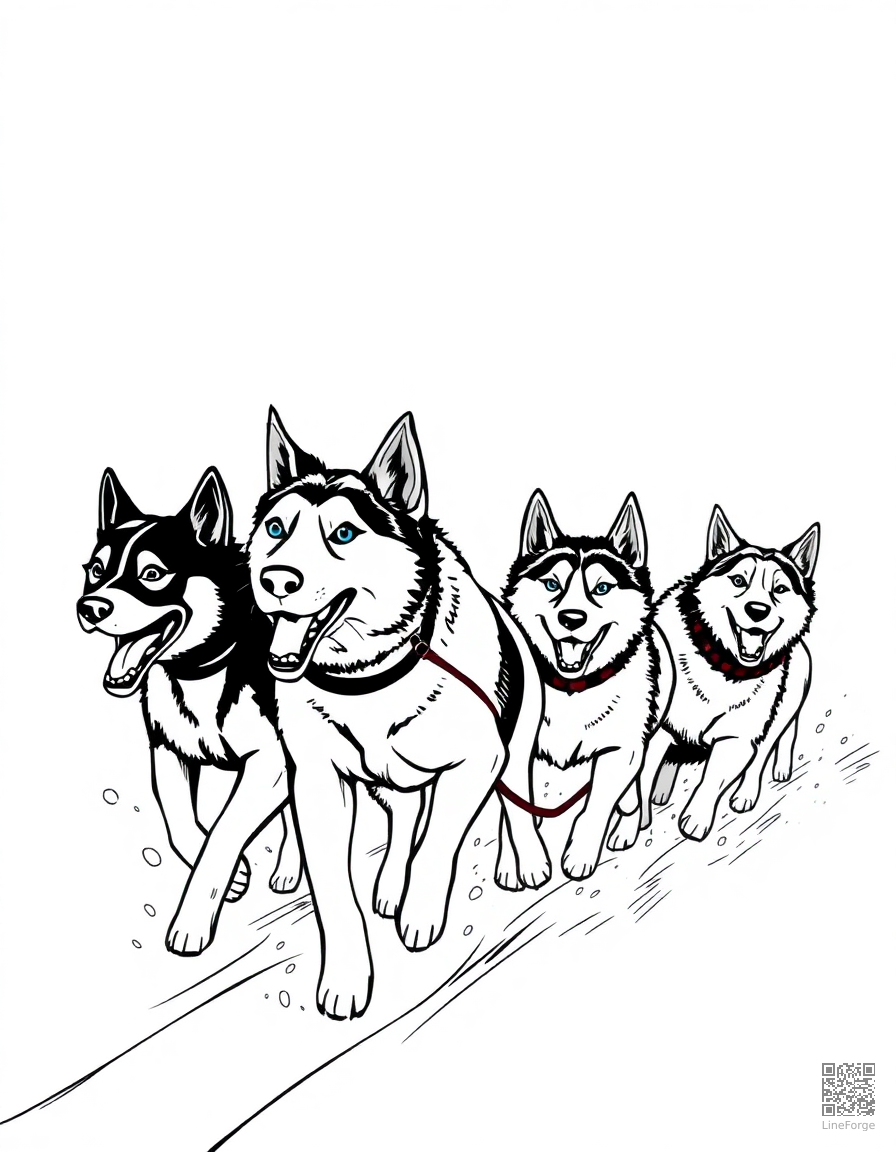 sled dog team running through snow coloring page Manga style - free printable