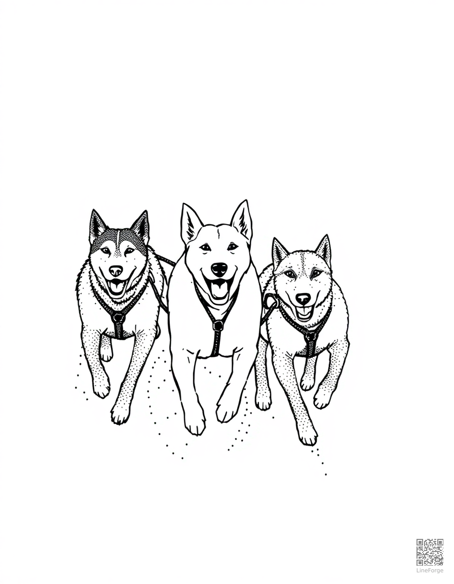 sled dog team running through snow coloring page Stipple style - free printable