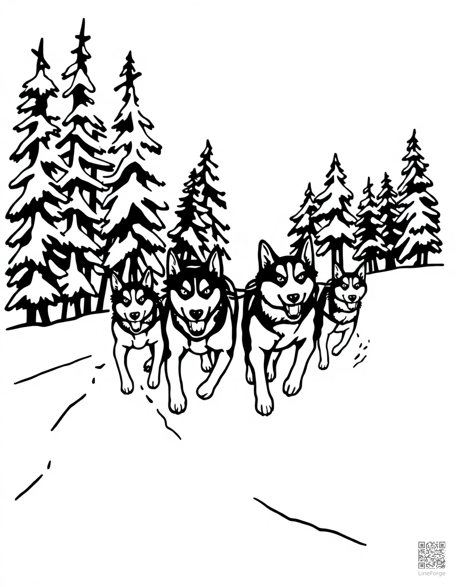 sled dog team running through snow coloring page Woodcut style - free printable
