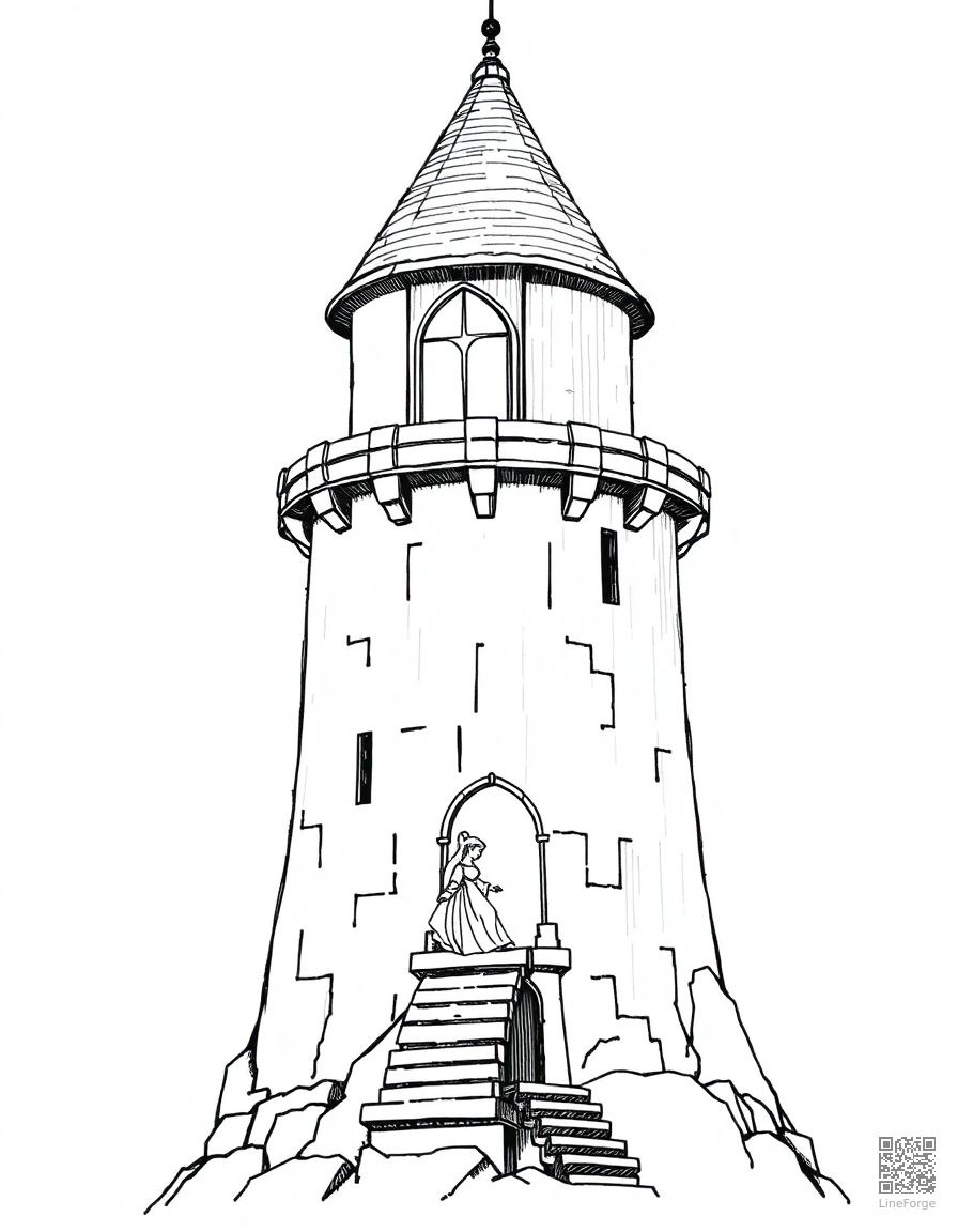 sleeping beauty in her tower coloring page Crosshatch style - free printable